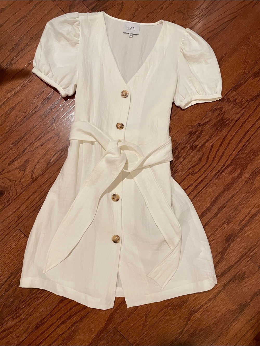 J.O.A. White Button-Front Puff Sleeve Mini Dress with Tie Waist